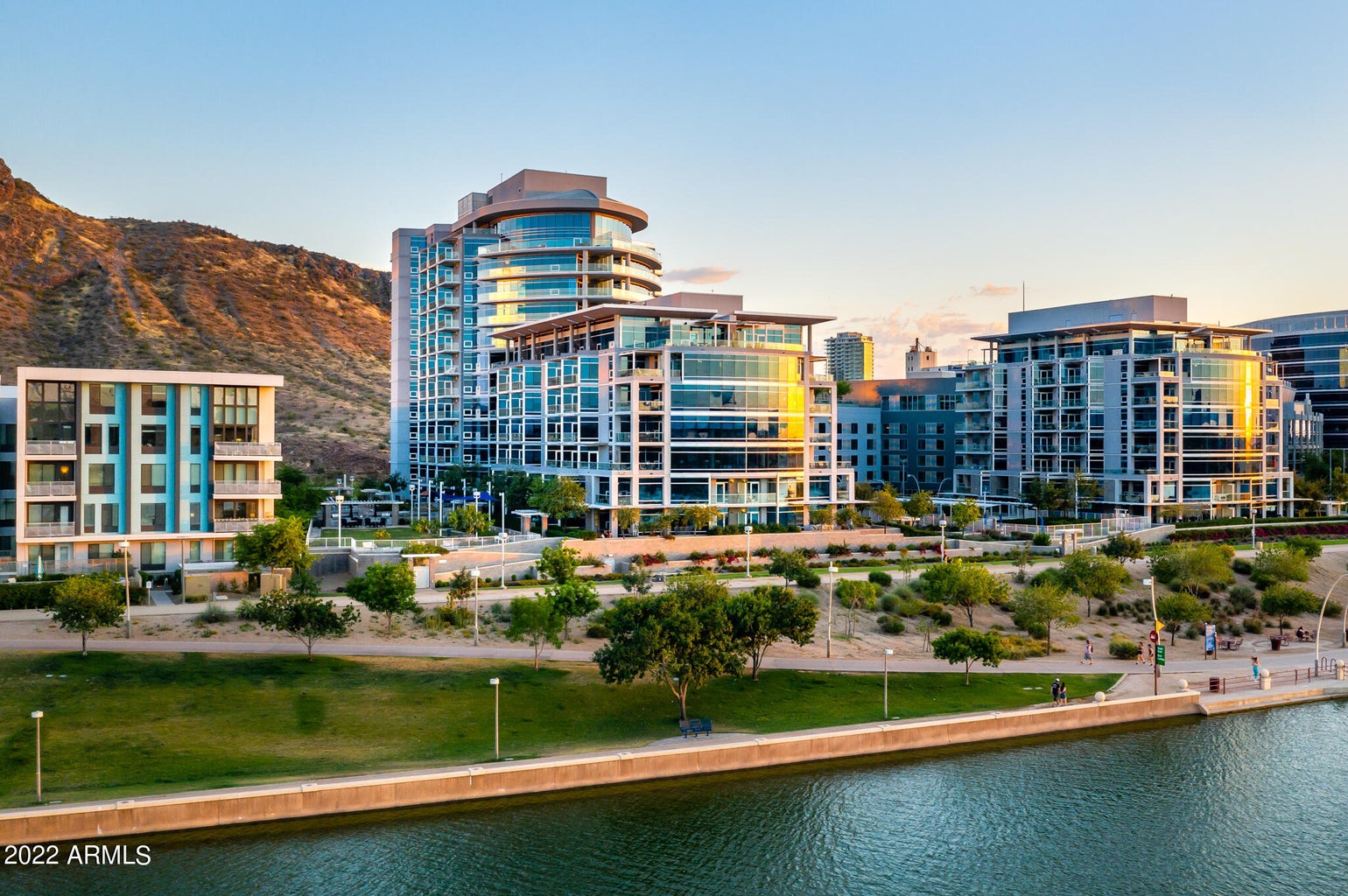 Bridgeview luxury condos exterior view from Tempe Town Lake waterfront